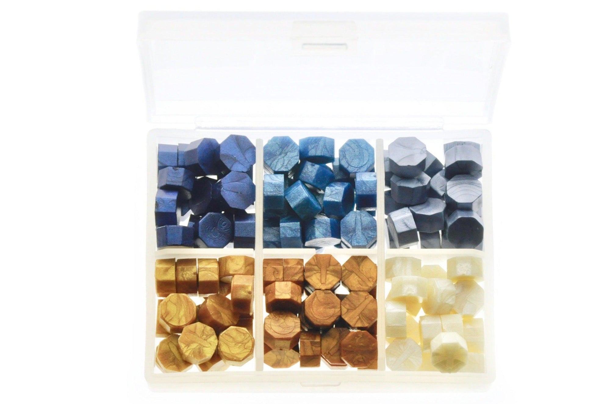Octagon Sealing Wax Beads Palette | Sunrise - Backtozero B20 - blue, box, gold, octagon bead, palette, pearl white, sealing wax, Wax Beads, White