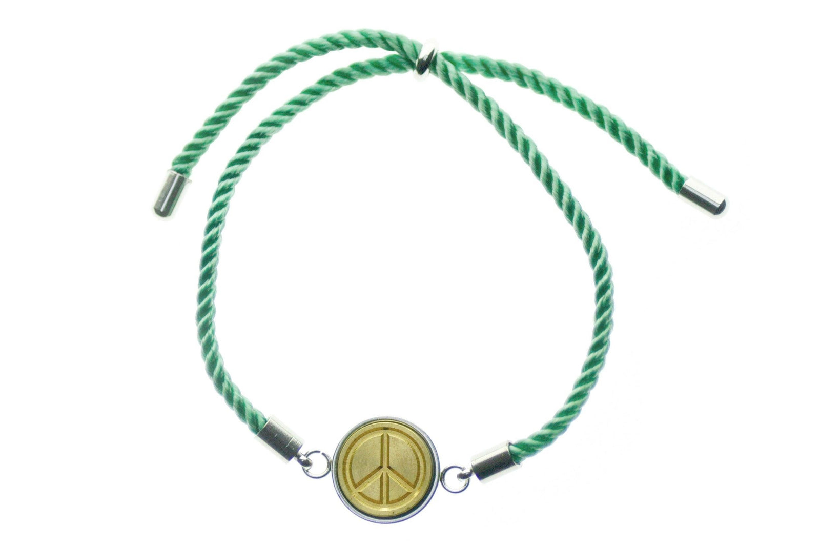 Peace Signet Bracelet - Backtozero B20 - 10mm, 12mm, adjustable, bracelet, brass, cord, cord bracelet, green, minimal, peace, signet, signet bracelet, stainless steel, twist cord