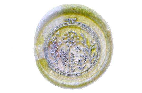 Embroidery Hoop Field Flowers Wax Seal Stamp Designed by Petra - Backtozero B20 - botanical, butterfly, collaboration, daisies, daisy, Dandelion, Embroidery, Embroidery Hoop, field, Flower, marble, marble wax, mixed wax, Nature, Signature, signaturehandle
