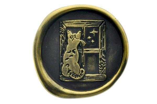 Cat in the Window Wax Seal Stamp Designed by Petra - Backtozero B20 - Black, Botanical, Cat, Cat Lover, collaboration, gold metallic powder, Leaf, Leafs, Leaves, metallic powder, newarrivals, Pet, Pet Lover, Signature, signaturehandle, star, Stars, window