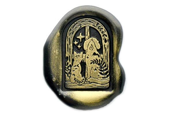 Cat & Dog in the Window Wax Seal Stamp Designed by Petra - Backtozero B20 - Black, Botanical, Cat, Cat Lover, collaboration, dog, Dog Lover, gold metallic powder, Leaf, Leafs, Leaves, metallic powder, newarrivals, Pet, Pet Lover, Signature, signaturehandle, star, Stars, window