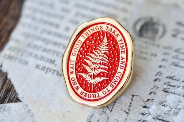 Message Wax Seal Enamel Pin | Fern | Patience | Gold - Backtozero B20 - botanic, Botanical, Come to those who wait, enamel, fern, Gold, Good things take time, her, him, lapel, message pin, metal, metal pin, Nature, newarrivals, pin, Plant, plants, soft enamel, starry, wax seal, wax seal pin