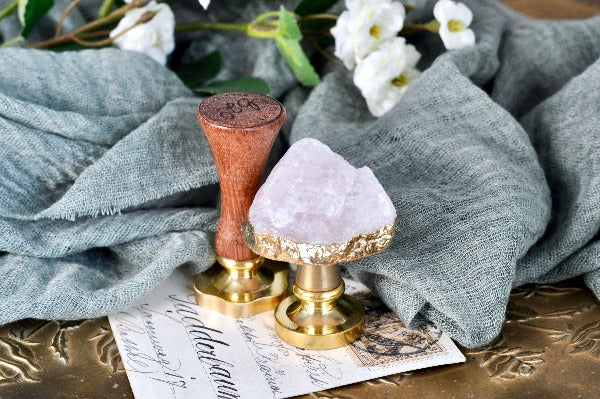 OOAK Gold-Plated Pink Quartz Wax Seal Handle - Backtozero B20 - crystal, gold plated, handle, pink quartz, quartz