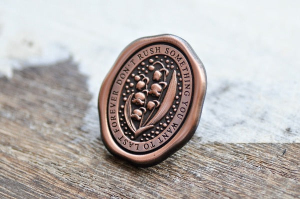 Message Wax Seal Enamel Pin | Lily of the Valley | Antique Copper - Backtozero B20 - antique copper, botanic, Botanical, Copper, enamel, flower, her, him, lapel, lily of the valley, message pin, metal, metal pin, Nature, pin, Plant, plants, soft enamel, starry, wax seal, wax seal pin
