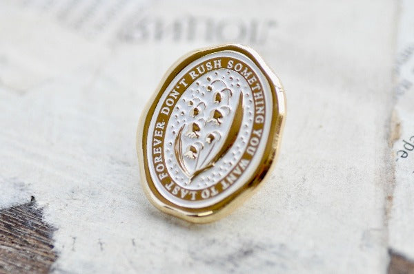 Message Wax Seal Enamel Pin | Lily of the Valley | Gold - Backtozero B20 - botanic, Botanical, enamel, flower, Gold, her, him, lapel, lily of the valley, message pin, metal, metal pin, Nature, pin, Plant, plants, soft enamel, starry, wax seal, wax seal pin