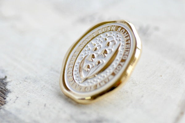 Message Wax Seal Enamel Pin | Lily of the Valley | Gold - Backtozero B20 - botanic, Botanical, enamel, flower, Gold, her, him, lapel, lily of the valley, message pin, metal, metal pin, Nature, pin, Plant, plants, soft enamel, starry, wax seal, wax seal pin