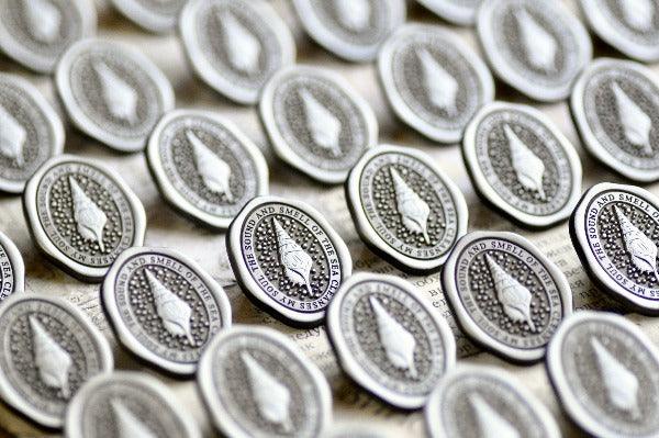 Message Wax Seal Enamel Pin | Seashell | Soul | Antique Silver - Backtozero B20 - antique silver, enamel, her, him, lapel, message pin, metal, metal pin, newarrivals, ocean, pin, sea, seashell, shell, Silver, soft enamel, soul, starry, wax seal, wax seal pin