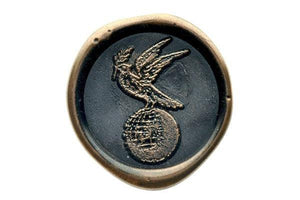 Retro Bird on Globe Wax Seal Stamp - Backtozero B20 - bird, black, copper dust, copper powder, dove, globe, retro, Signature, signaturehandle