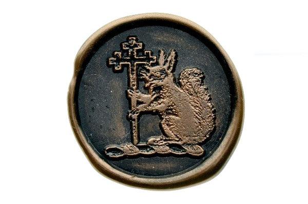 Retro Squirrel with Cross Wax Seal Stamp - Backtozero B20 - animal, black, copper dust, copper powder, cross, retro, Signature, signaturehandle, squirrel