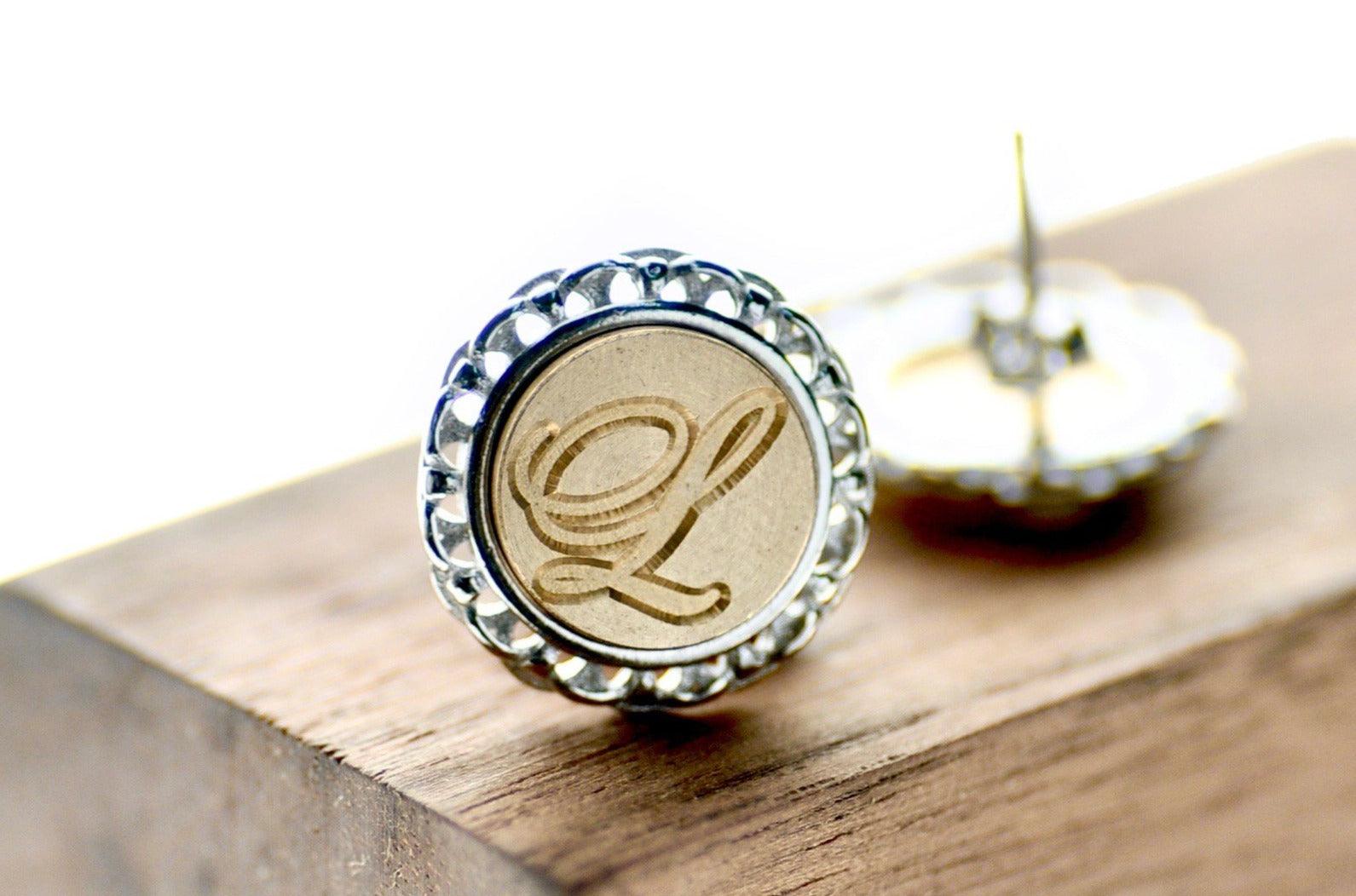 Script Initial Lace Signet Earrings - Backtozero B20 - 1 initial, 1initial, brass, custom, earrings, lace, lace earrings, laceearrings, One Initial, personalized, signet, silver, stud, stud earrings