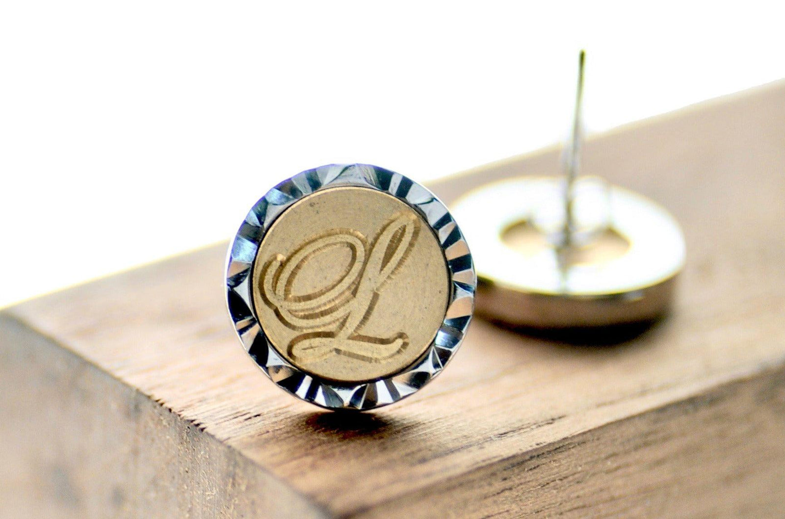 Script Initial Geo Signet Earrings - Backtozero B20 - 1 initial, 1initial, brass, custom, earrings, geo, geoearrings, One Initial, personalized, signet, silver, stud, stud earrings