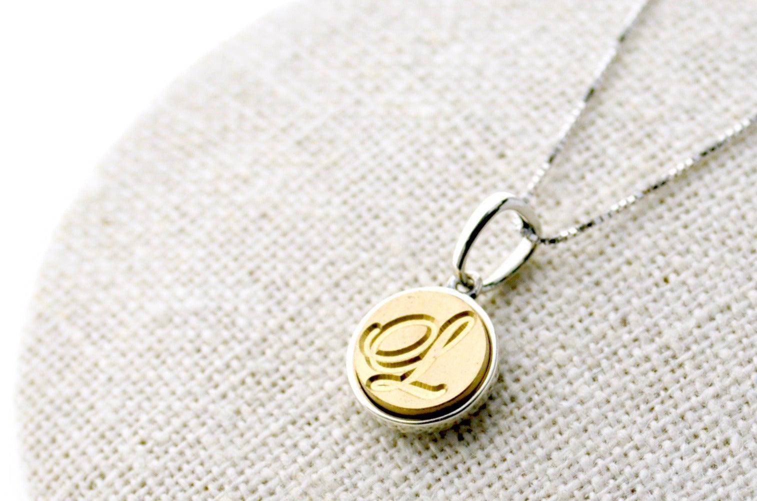 Script Initial Filigree Charm Signet Necklace - Backtozero B20 - 1 initial, 10mm, 10mm necklace, 1initial, 2sidenecklace, bead, brass, charm, floating, minimal, minimalnecklace, necklace, One Initial, Personalized, signet, signet necklace, silver