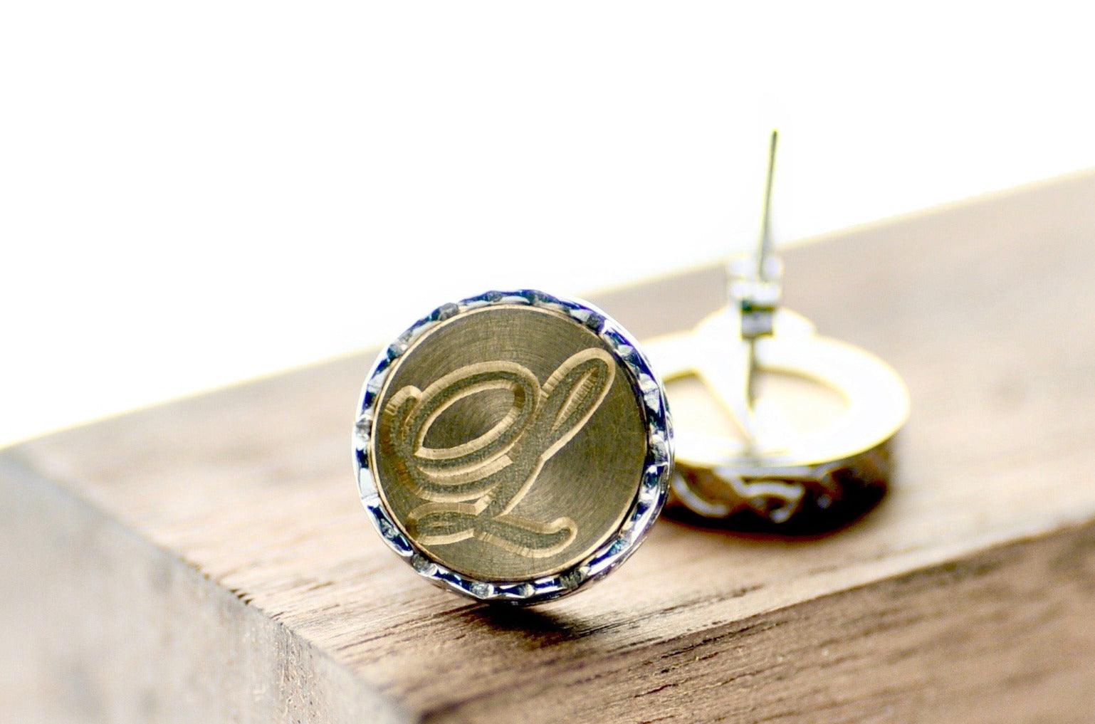 Script Initial Filigree Signet Earrings - Backtozero B20 - 1 initial, 1initial, brass, custom, earrings, filigree, filigree earrings, filigreeearrings, One Initial, personalized, signet, silver, stud, stud earrings