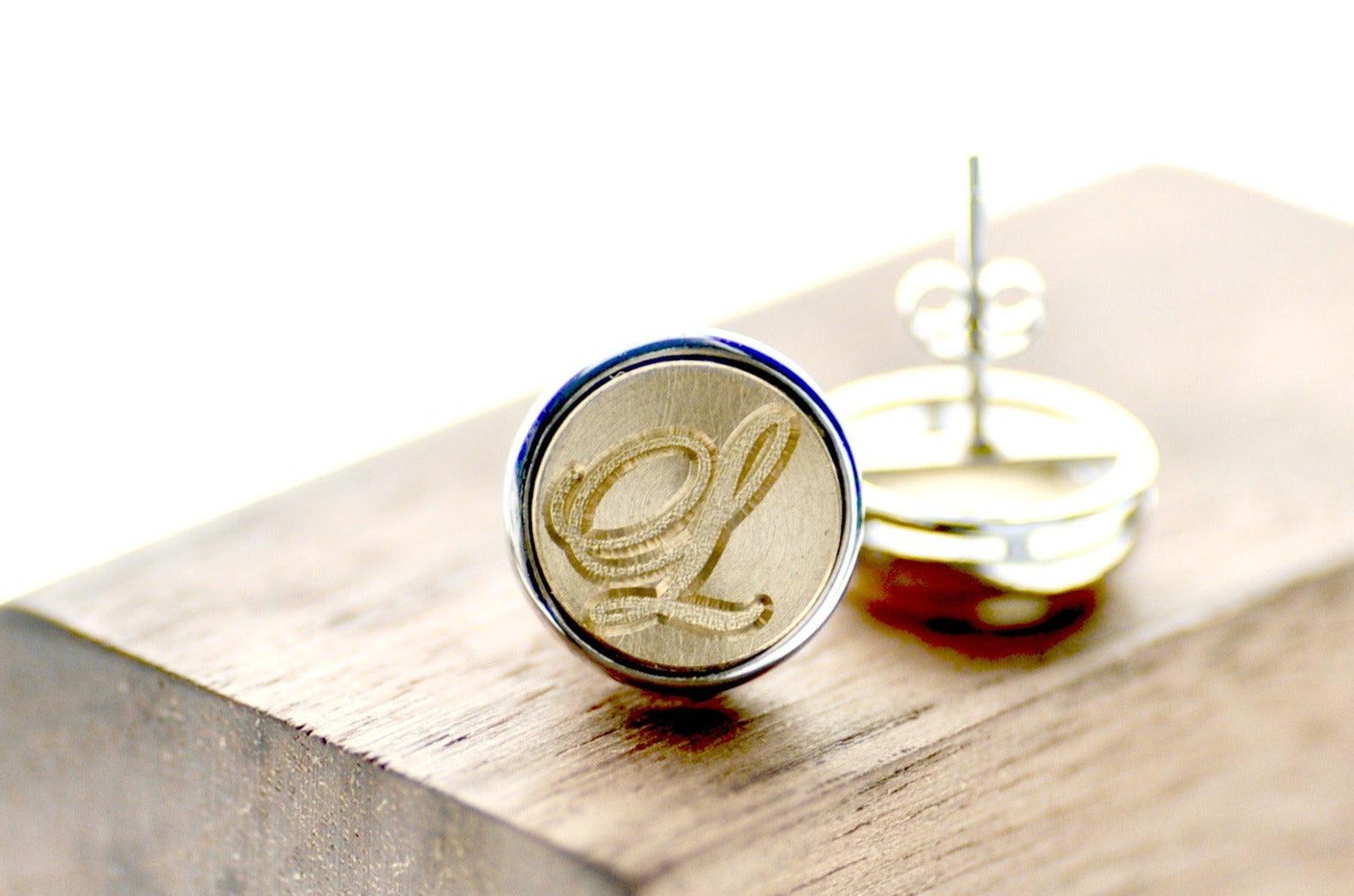 Script Initial Minimal Signet Earrings - Backtozero B20 - 1 initial, 1initial, brass, custom, earrings, minimal, minimal earrings, minimalearrings, One Initial, personalized, signet, silver, stud, stud earrings