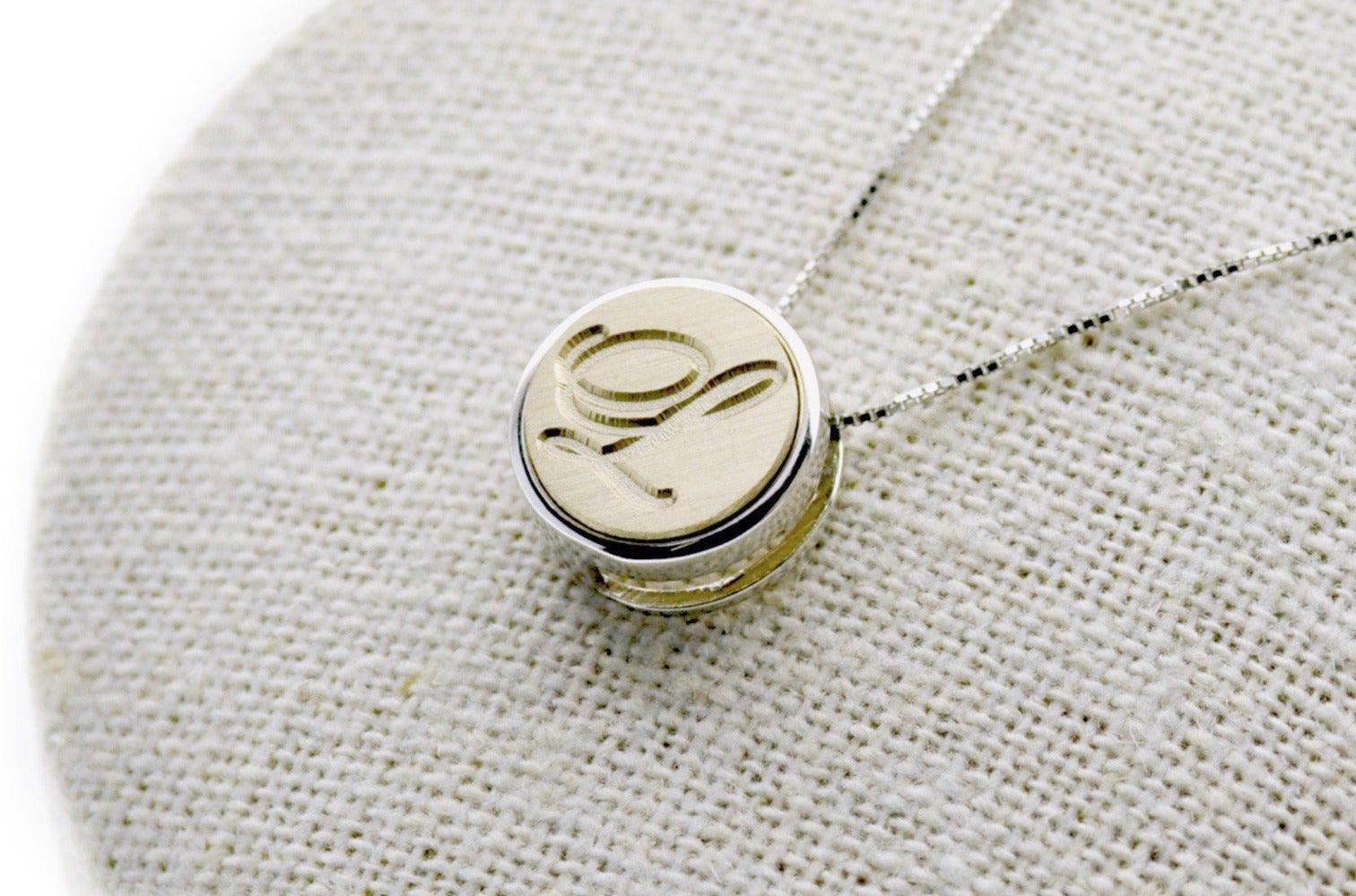 Script Initial Floating Signet Necklace - Backtozero B20 - 1 initial, 12mm, 12mm necklace, 1initial, bead, brass, charm, floating, minimal, minimalnecklace, necklace, One Initial, Personalized, signet, signet necklace, silver