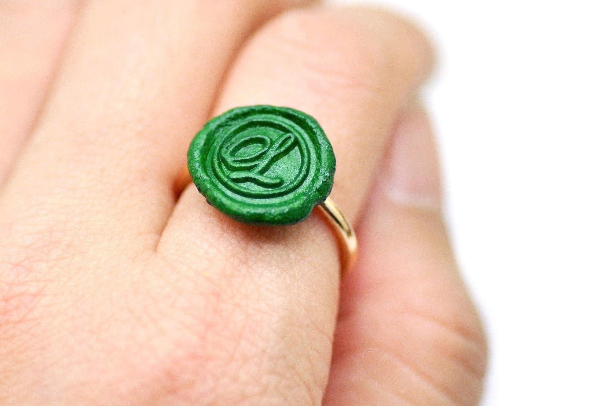 OOAK Script Initial Wax Seal Ring - Backtozero B20 - 1 initial, 1initial, Green, Handmade, Initial, Letter, One Initial, OOAK, Personalized, ring, size 7