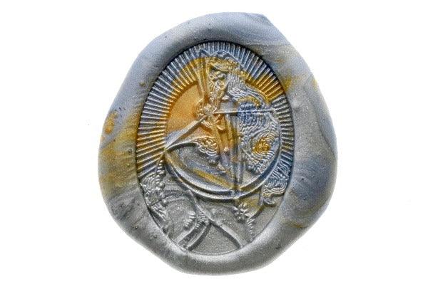 Starburst Zodiac Sagittarius Wax Seal Stamp - Backtozero B20 - archer, Archery, light gold, marble, marble wax, Metallic Blue, nature, oval, Signature, signaturehandle, Silver, starburst, zodiac