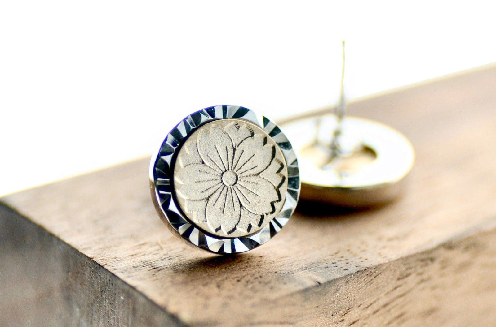 Sakura Geo Signet Earrings - Backtozero B20 - botanic, Botanical, brass, earrings, floral, Flower, geo, geoearrings, signet, silver, stud, stud earrings