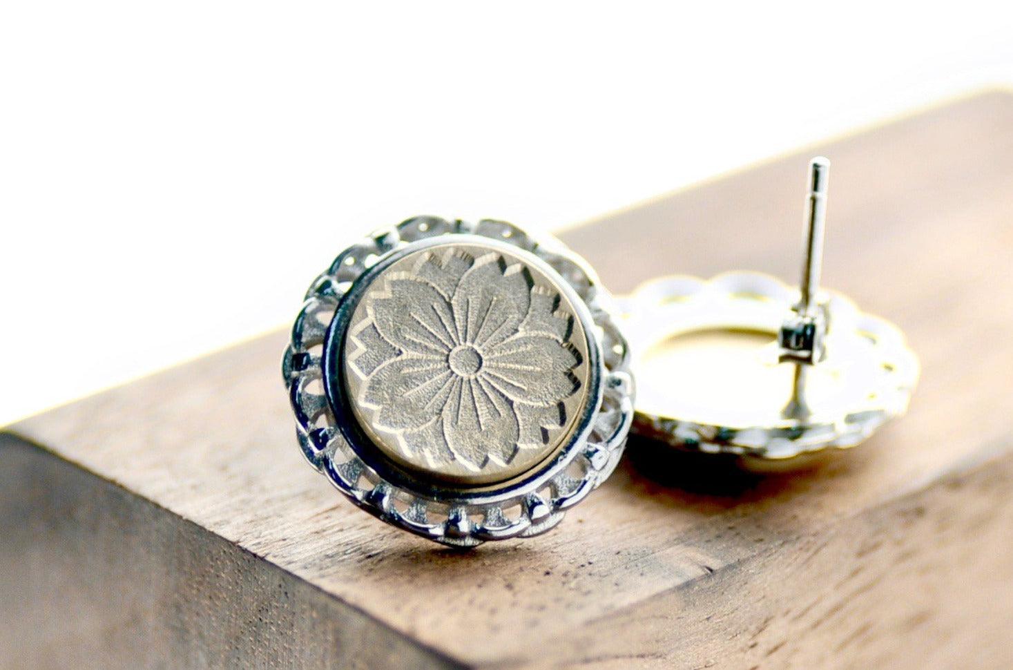 Sakura Lace Signet Earrings - Backtozero B20 - botanic, Botanical, brass, cherry blossom, earrings, flower, flowers, lace, lace earrings, laceearrings, sakura, signet, silver, stud, stud earrings