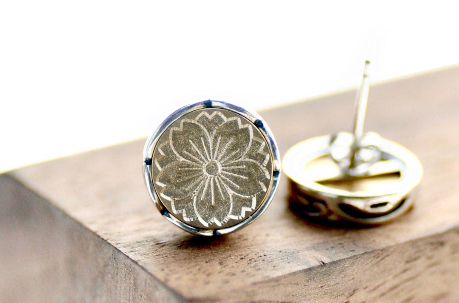 Sakura Scalloped Signet Earrings - Backtozero B20 - brass, cherry blossom, earrings, floral, Flower, flowers, scalloped earrings, scallopedearrings, signet, silver, stud, stud earrings