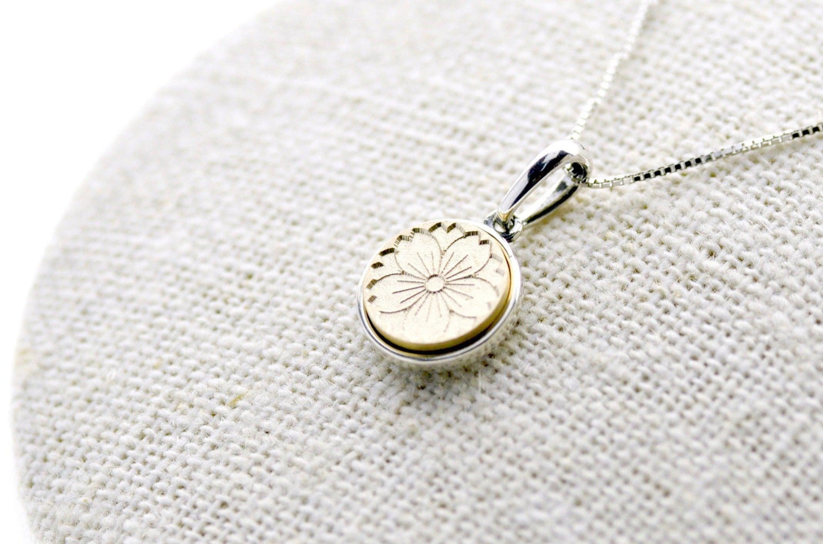 Sakura Filigree Charm Signet Necklace - Backtozero B20 - 10mm, 10mm necklace, 2sidenecklace, bead, brass, charm, cherry blossom, Filigree, filigree charm, floating, floral, Flower, flowers, minimal, minimalnecklace, necklace, signet, signet necklace, silver