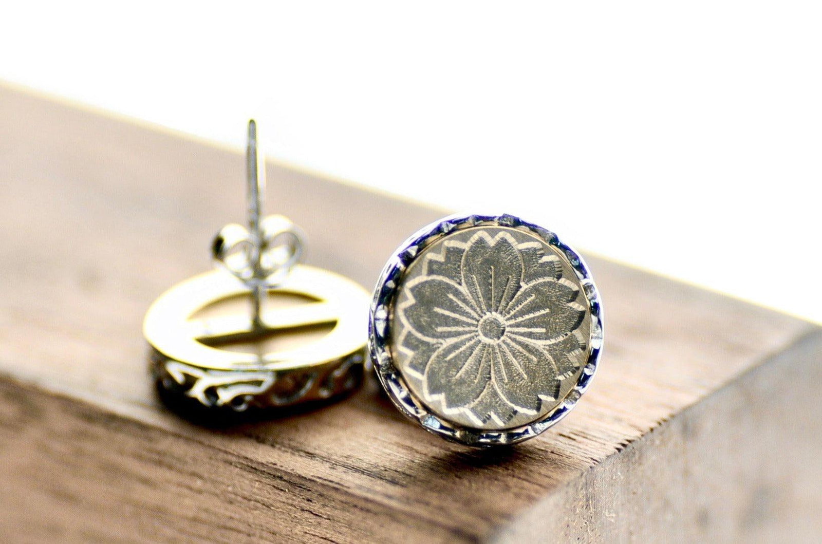 Sakura Filigree Signet Earrings - Backtozero B20 - brass, cherry blossom, earrings, filigree, filigree earrings, filigreeearrings, floral, Flower, flowers, Plant, signet, silver, stud, stud earrings