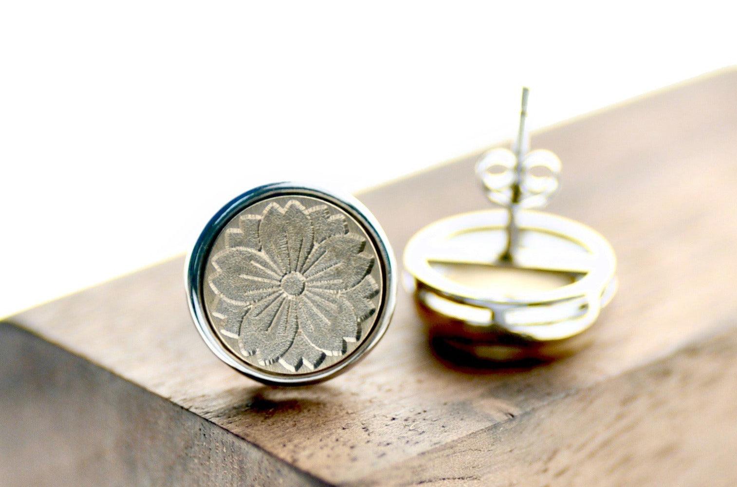 Sakura Minimal Signet Earrings - Backtozero B20 - botanic, Botanical, brass, earrings, floral, Flower, flowers, minimal, minimalearrings, Plant, plants, signet, silver, stud, stud earrings