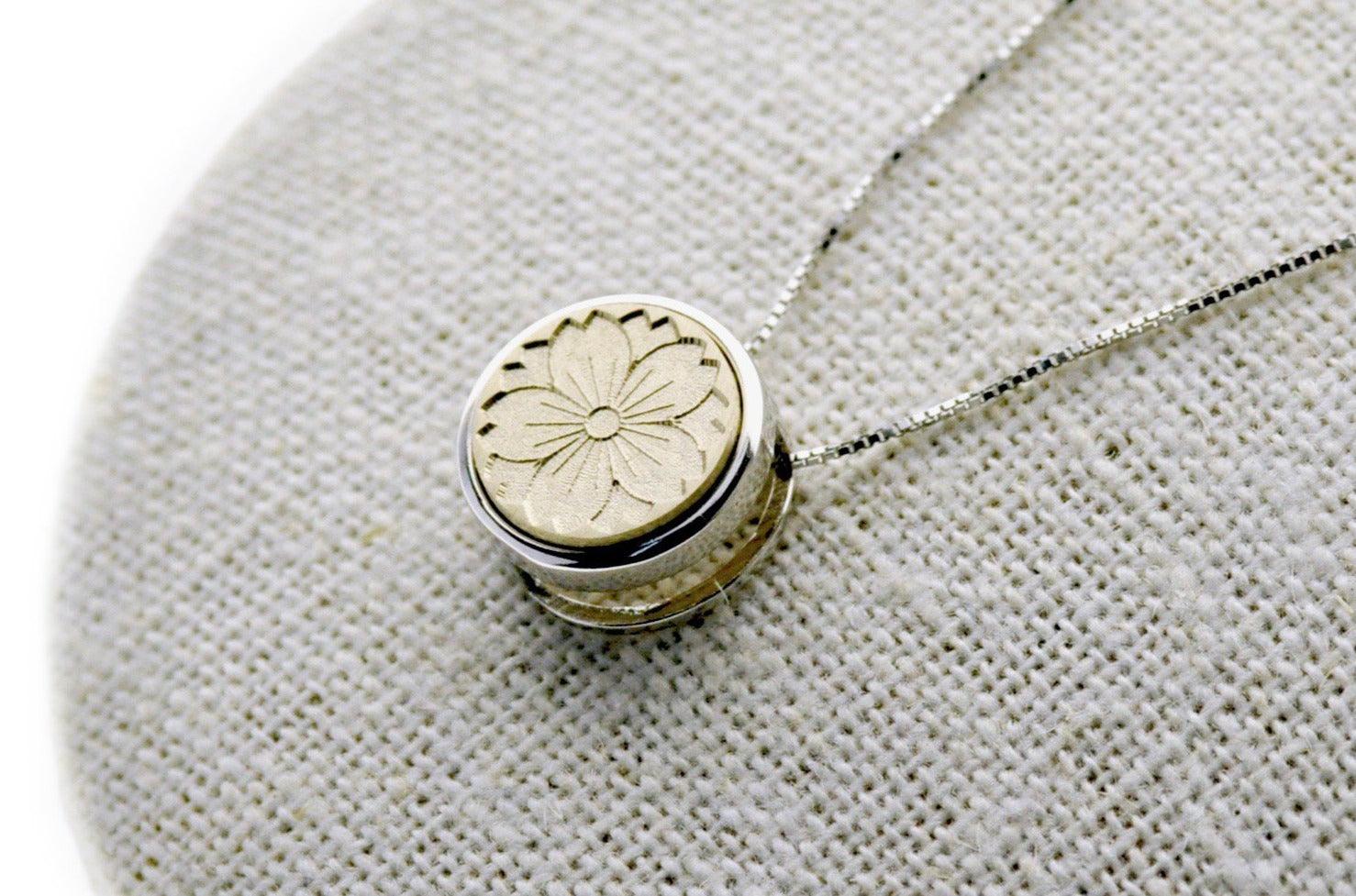 Sakura Floating Signet Necklace - Backtozero B20 - 12mm, 12mm necklace, bead, brass, charm, cherry blossom, floating, Flower, minimal, minimalnecklace, necklace, sakura, signet, signet necklace, silver
