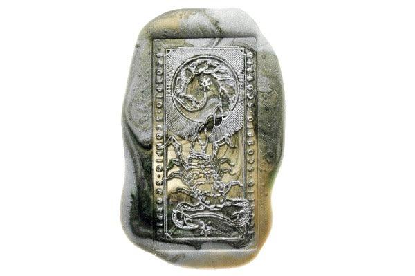 Tarot Style Zodiac Scorpio Wax Seal Stamp - Backtozero B20 - black, fish, forest green, light gold, marble, marble wax, metallic green, rectangle, scorpion, Signature, signaturehandle, Silver, starburst, tarot, zodiac
