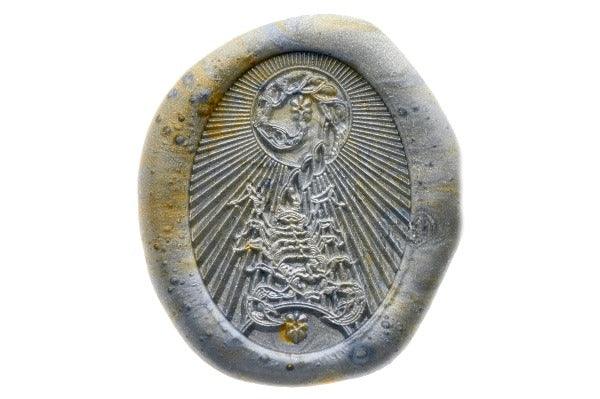 Starburst Zodiac Scorpio Wax Seal Stamp - Backtozero B20 - light gold, marble, marble wax, Metallic Blue, nature, oval, Scorpio, scorpion, Signature, signaturehandle, Silver, starburst, zodiac