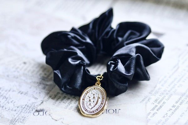 Message Enamel Wax Seal Charm Scrunchie | Satin S Black | Lily of the Valley - Backtozero B20 - accessory, Black, botanic, Botanical, enamel, Flower, Gold, hair, her, lapel, lily of the valley, metal, Nature, satin, scrunchie, soft enamel, starry, wax seal
