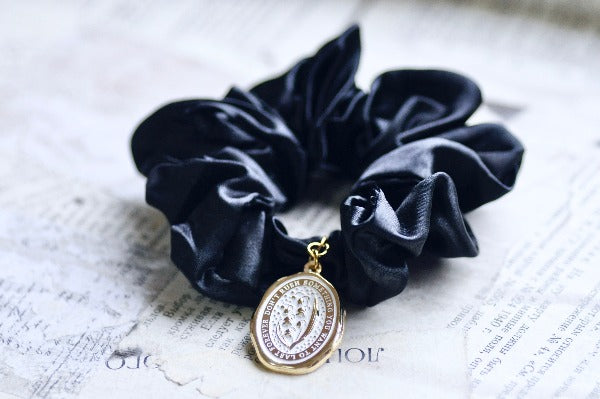 Message Enamel Wax Seal Charm Scrunchie | Satin S Black | Lily of the Valley