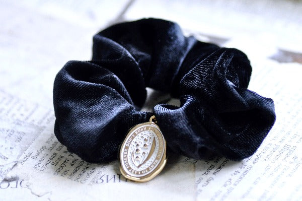 Message Enamel Wax Seal Charm Scrunchie | Velvet Black | Lily of the Valley - Backtozero B20 - accessory, Black, botanic, Botanical, enamel, Flower, Gold, hair, her, lapel, lily of the valley, metal, Plant, plants, scrunchie, soft enamel, starry, velvet, wax seal