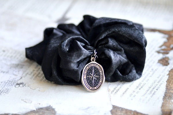 Message Enamel Wax Seal Charm Scrunchie | Satin Black | Star - Backtozero B20 - accessory, Black, enamel, hair, her, lapel, metal, satin, scrunchie, shine, Silver, soft enamel, star, starry, wax seal