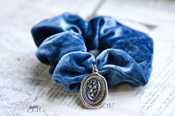 Message Enamel Wax Seal Charm Scrunchie | Velvet Light Blue | Lily of the Valley - Backtozero B20 - accessory, Blue, enamel, Flower, hair, her, lapel, Light Blue, lily of the valley, metal, scrunchie, Silver, soft enamel, soul, starry, velvet, wax seal