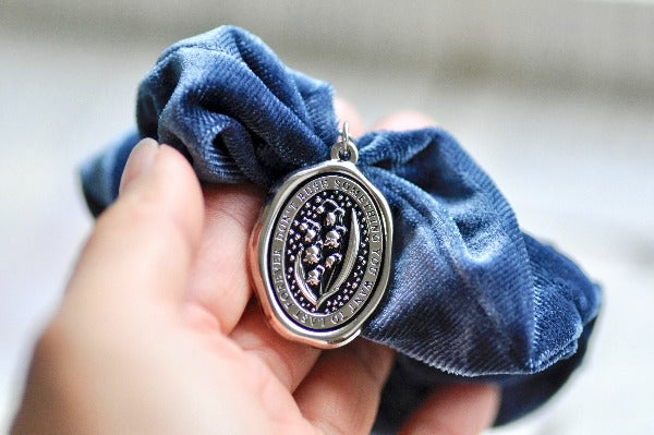 Message Enamel Wax Seal Charm Scrunchie | Velvet Light Blue | Lily of the Valley - Backtozero B20 - accessory, Blue, enamel, Flower, hair, her, lapel, Light Blue, lily of the valley, metal, scrunchie, Silver, soft enamel, soul, starry, velvet, wax seal
