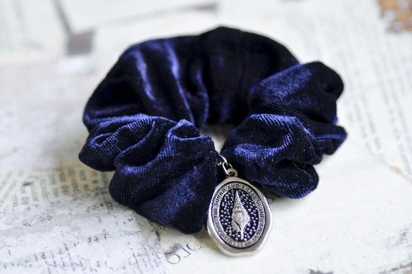 Message Enamel Wax Seal Charm Scrunchie | Velvet Blue | Seashell - Backtozero B20 - accessory, Blue, enamel, hair, her, lapel, metal, ocean, scrunchie, sea, seashell, shell, Silver, soft enamel, soul, starry, velvet, wax seal