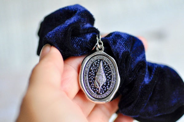 Message Enamel Wax Seal Charm Scrunchie | Velvet Blue | Seashell - Backtozero B20 - accessory, Blue, enamel, hair, her, lapel, metal, ocean, scrunchie, sea, seashell, shell, Silver, soft enamel, soul, starry, velvet, wax seal
