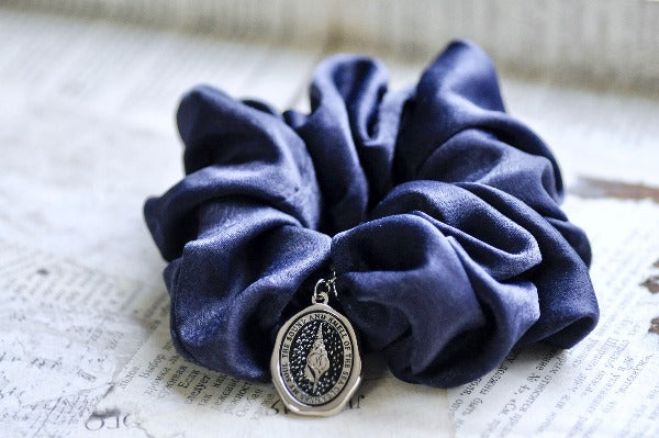 Message Enamel Wax Seal Charm Scrunchie | Satin Blue | Seashell - Backtozero B20 - accessory, Blue, enamel, hair, her, lapel, metal, ocean, satin, scrunchie, sea, seashell, shell, Silver, soft enamel, soul, starry, wax seal