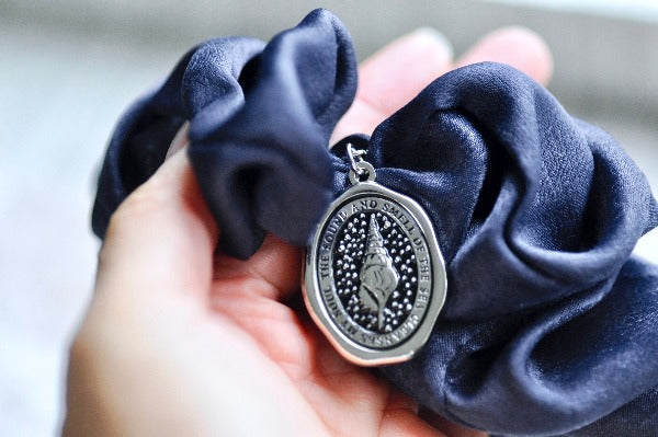 Message Enamel Wax Seal Charm Scrunchie | Satin Blue | Seashell - Backtozero B20 - accessory, Blue, enamel, hair, her, lapel, metal, ocean, satin, scrunchie, sea, seashell, shell, Silver, soft enamel, soul, starry, wax seal