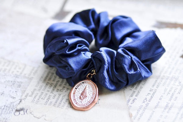 Message Enamel Wax Seal Charm Scrunchie | Satin S Blue | Seashell - Backtozero B20 - accessory, Blue, enamel, hair, her, lapel, metal, ocean, rose gold, satin, scrunchie, sea, seashell, shell, soft enamel, soul, starry, wax seal