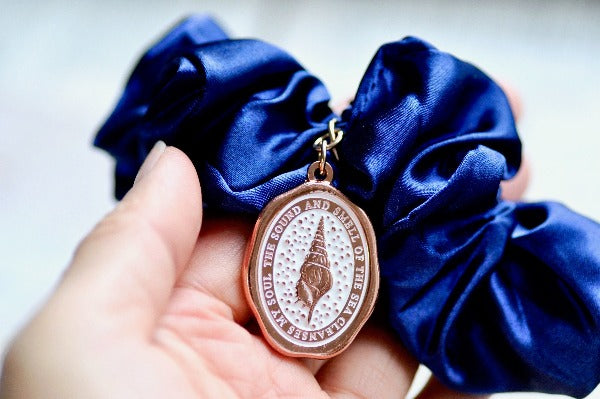 Message Enamel Wax Seal Charm Scrunchie | Satin S Blue | Seashell - Backtozero B20 - accessory, Blue, enamel, hair, her, lapel, metal, ocean, rose gold, satin, scrunchie, sea, seashell, shell, soft enamel, soul, starry, wax seal