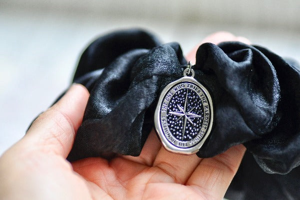 Message Enamel Wax Seal Charm Scrunchie | Satin Black | Star - Backtozero B20 - accessory, Black, enamel, hair, her, lapel, metal, satin, scrunchie, shine, Silver, soft enamel, star, starry, wax seal