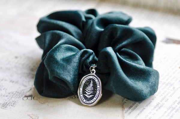 Message Enamel Wax Seal Charm Scrunchie | Satin Green | Fern - Backtozero B20 - accessory, botanic, Botanical, Come to those who wait, enamel, fern, Good things take time, Green, hair, her, lapel, metal, Nature, Plant, plants, satin, scrunchie, Silver, soft enamel, starry, wax seal