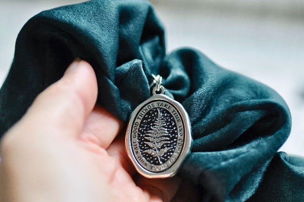 Message Enamel Wax Seal Charm Scrunchie | Satin Green | Fern - Backtozero B20 - accessory, botanic, Botanical, Come to those who wait, enamel, fern, Good things take time, Green, hair, her, lapel, metal, Nature, Plant, plants, satin, scrunchie, Silver, soft enamel, starry, wax seal