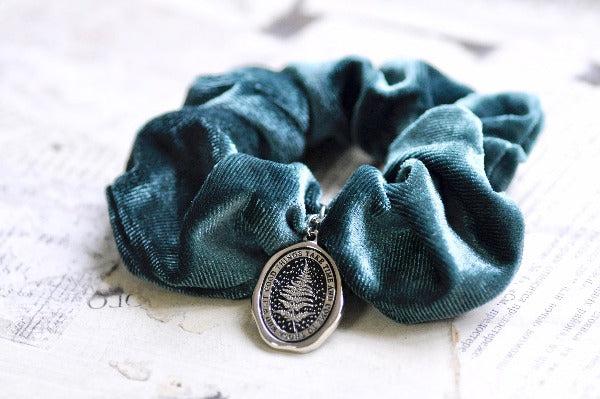 Message Enamel Wax Seal Charm Scrunchie | Velvet Green | Fern - Backtozero B20 - accessory, botanic, Botanical, Come to those who wait, enamel, fern, Good things take time, Green, hair, her, lapel, metal, Nature, Plant, plants, scrunchie, Silver, soft enamel, starry, velvet, wax seal