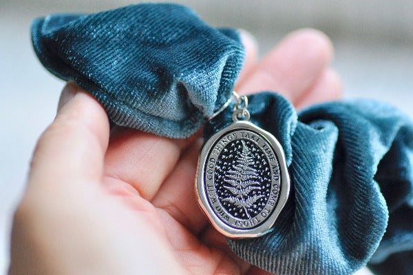 Message Enamel Wax Seal Charm Scrunchie | Velvet Green | Fern - Backtozero B20 - accessory, botanic, Botanical, Come to those who wait, enamel, fern, Good things take time, Green, hair, her, lapel, metal, Nature, Plant, plants, scrunchie, Silver, soft enamel, starry, velvet, wax seal