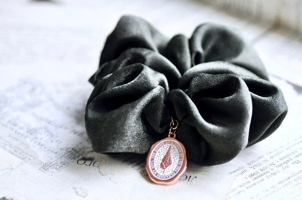 Message Enamel Wax Seal Charm Scrunchie | Satin Olive Green | Seashell - Backtozero B20 - accessory, enamel, Green, hair, her, lapel, metal, ocean, olive green, rose gold, satin, scrunchie, sea, seashell, shell, soft enamel, soul, starry, wax seal