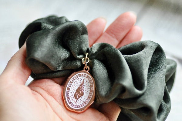 Message Enamel Wax Seal Charm Scrunchie | Satin Olive Green | Seashell - Backtozero B20 - accessory, enamel, Green, hair, her, lapel, metal, ocean, olive green, rose gold, satin, scrunchie, sea, seashell, shell, soft enamel, soul, starry, wax seal