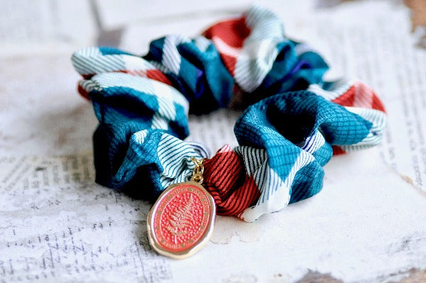 Message Enamel Wax Seal Charm Scrunchie |Green Plaid | Fern - Backtozero B20 - accessory, Blue, botanic, Botanical, Come to those who wait, enamel, fern, Good things take time, Green, hair, her, lapel, metal, Nature, plaid, Plant, plants, Red, scrunchie, soft enamel, starry, wax seal, White